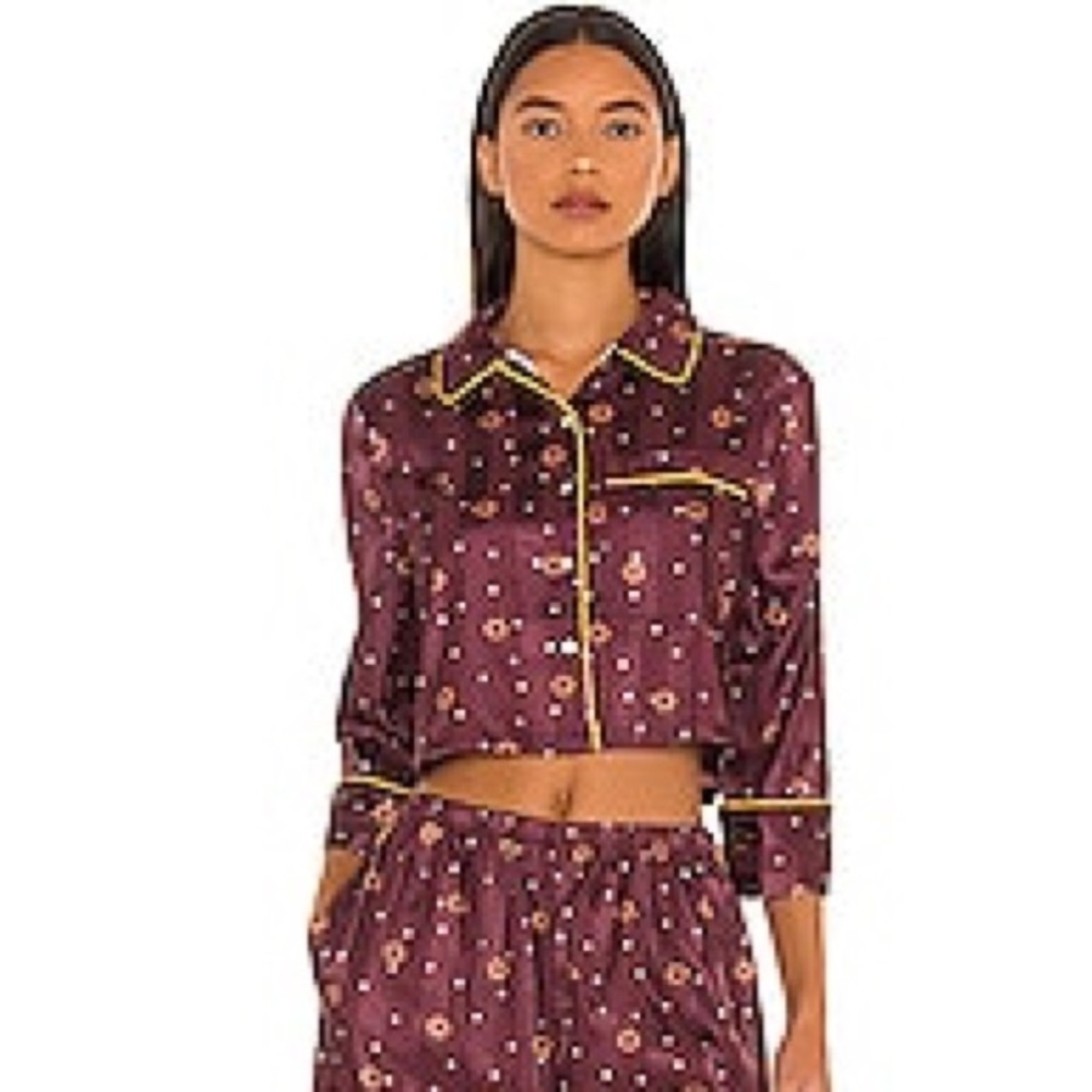 𝅺Free People Red Silk Flower Striped Pajama Party Print Pajama Top ONLY